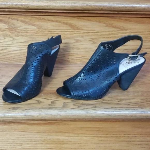Vince Camuto 8.5 peep toe black laser cut out leather block‎ heels - Picture 1 of 6